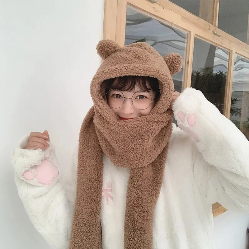 여성용 노벨티 비니 모자, 따뜻한 곰 귀 모자, 캐주얼 봉제 모자, 스카프 세트, 캐주얼 단색, 패션, 겨울