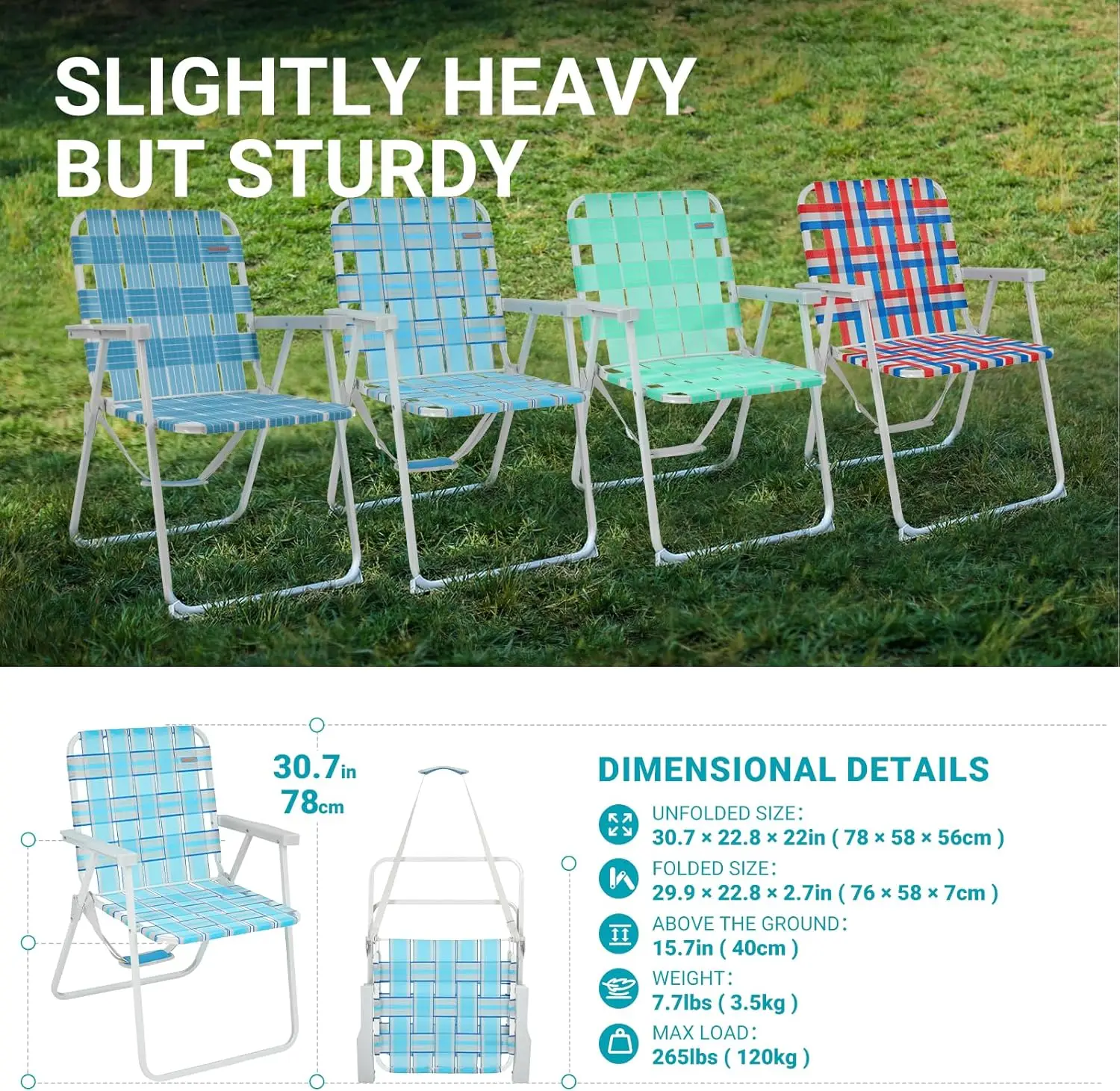 Folding Webbed Chair. Heavy Duty. Portable Outdoor. Hard Armrest. For Camping, Garden, Concerts, BBQ. 265 LBS.
