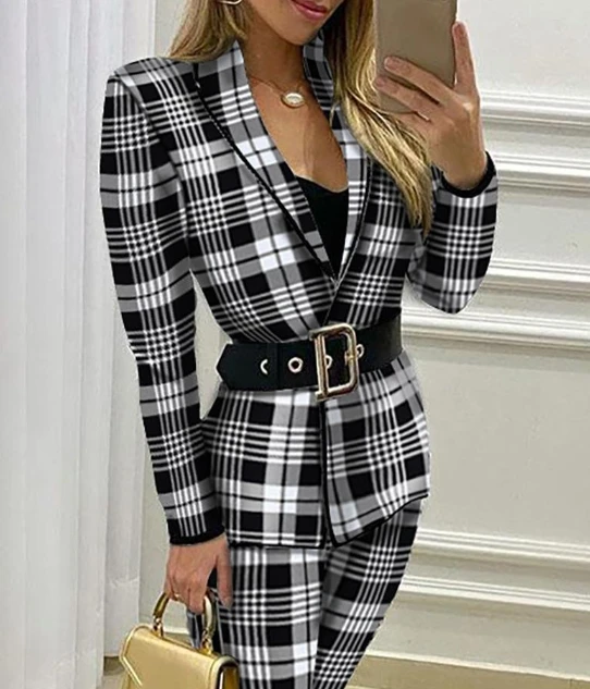 Two Piece Outfits Women's Elegant Blazer Sets Female Clothes 2023 New Plaid Suit Coat & Fashion Pants Set Temperament Commuting