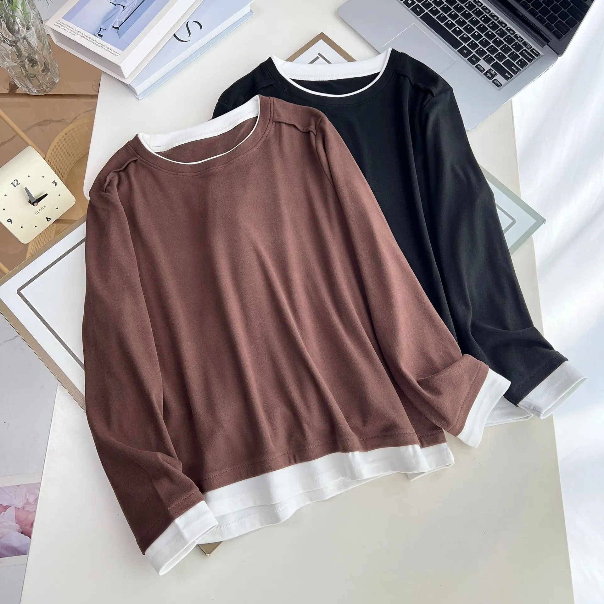 XXXXL Fashion Plus Size Women's T-Shirt Simple Block Color Long Sleeved DE Velvet Warm Base Tops For Autumn And Winter 2435
