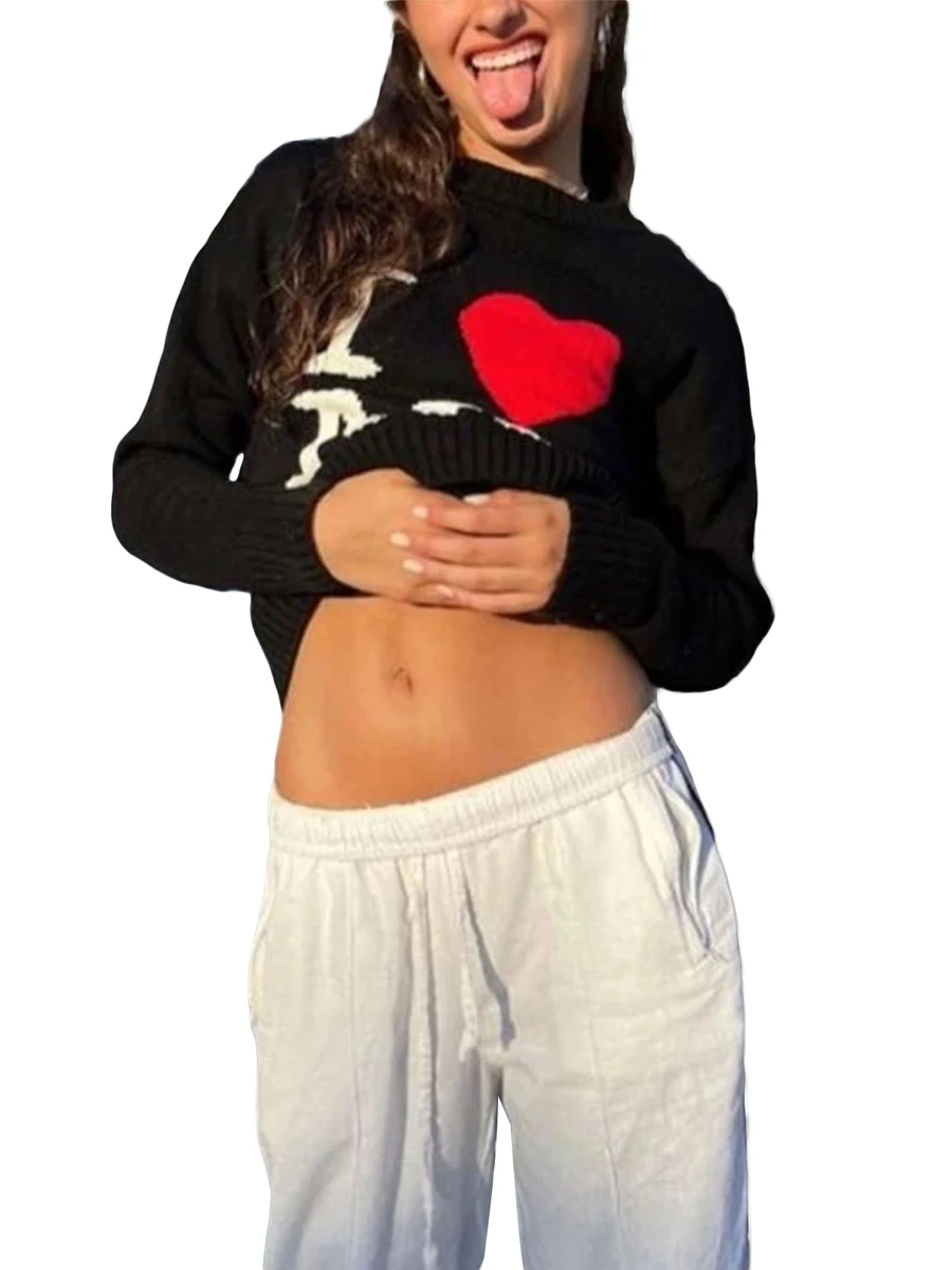 

Women Casual Sweater Knit Pullover Long Sleeve Crew Neck Letters Heart Print Fall Winter Tops Streetwear