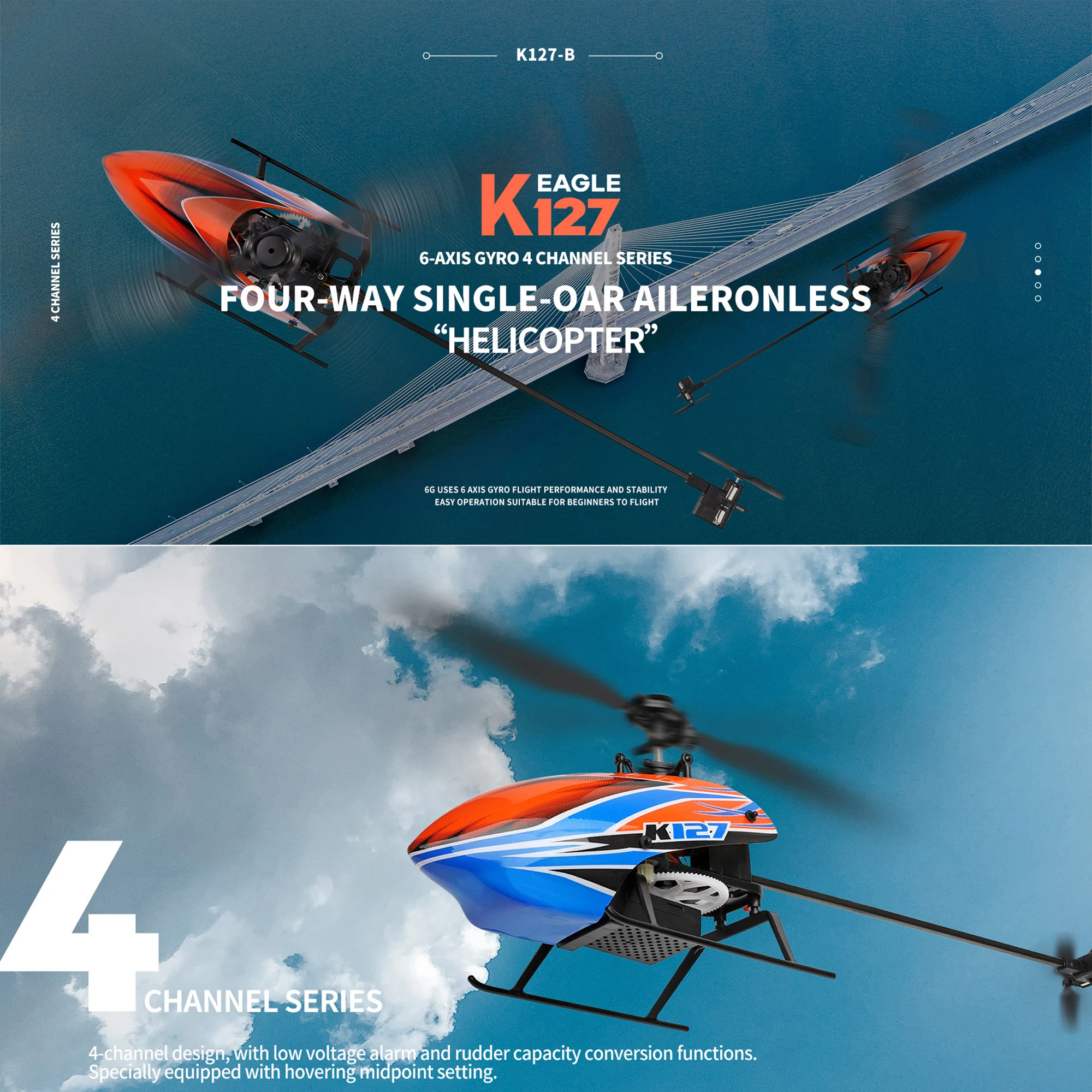 Gros plan sur la télécommande de l'Hélicoptère RC WLtoys K127 avec les sticks de contrôle et les indicateurs LED