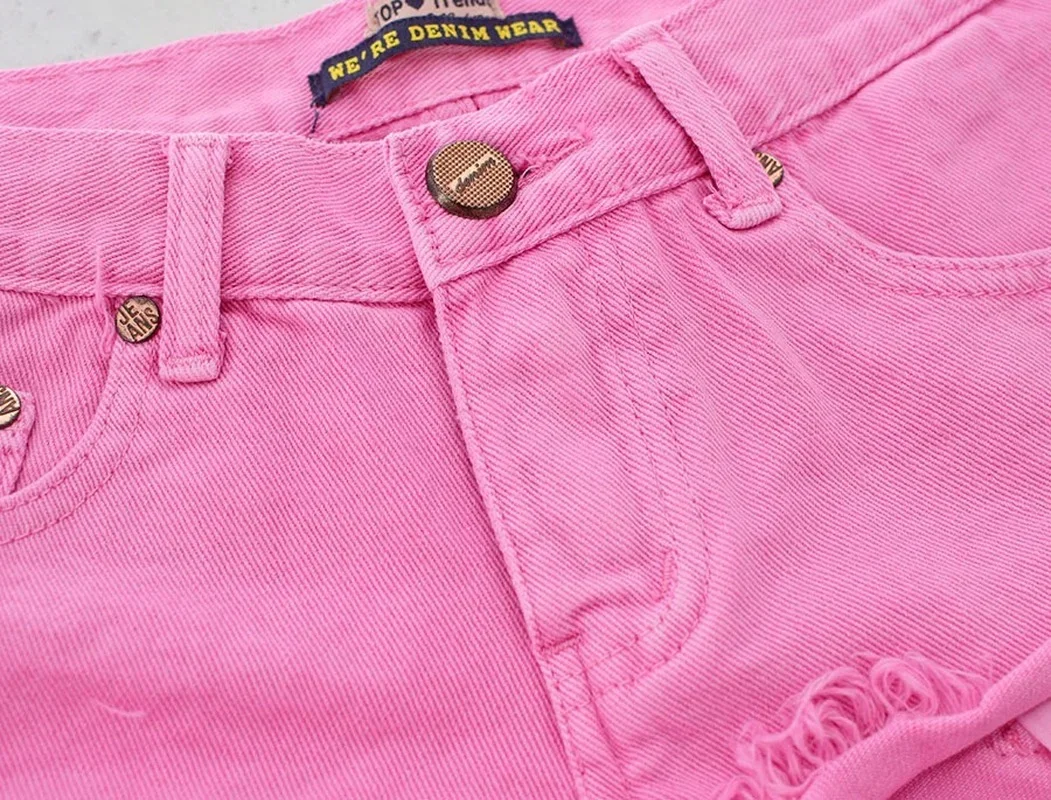 Loose No Elastic Rolled Denim Shorts Women Open Pockets Beach Macaron Powder Short Jeans Female 2024 Low-waist Decadent Style