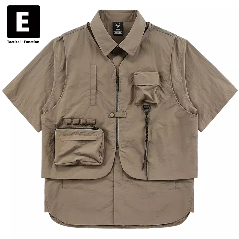 

Cargo Shirt Men Summer Short Sleeve Shirts Multiple Pockets Techwear Tactical Button Tops Streetwear Fake Two Pieces Shirts Male
