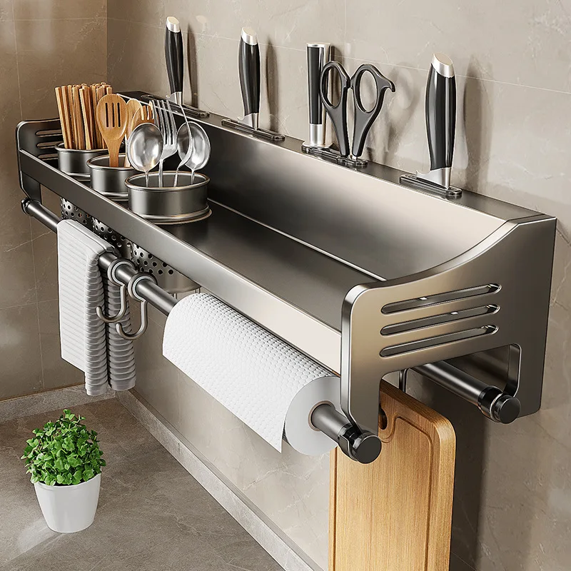 

Kitchen Shelf Rack Stainless Steel Household Wall-mounted Seasoning Chopstick Knife Holder Storage Organizer Kitchen Hanger Rack