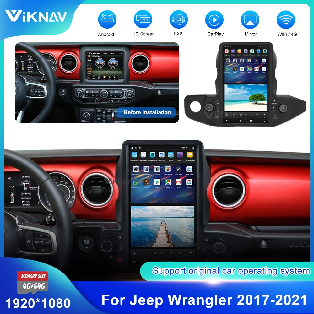 

13.6Inch Touch Screen 64G PX6 Carplay Radio For Jeep Wrangler 2017-2021 Original Car Function GPS Navigation DVD Multimedia