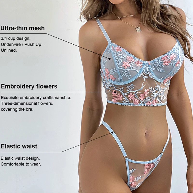 Sexy Floral Embroidery Lingerie Woman See Through Underwear Transparent Erotic Lingerie Set 2 Pieces Lace Bra Thong Brief Sets - Bra and Brief Sets photo pic