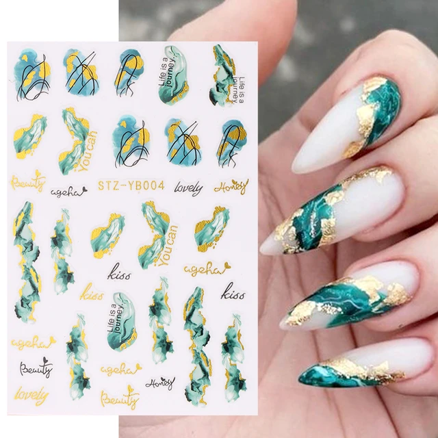 Marble Smoky Nails Stickers Peacock Green Gold Lines Sliders on Nail Charms  Blooming Ink Painting Decal Adornment Manicure YB004