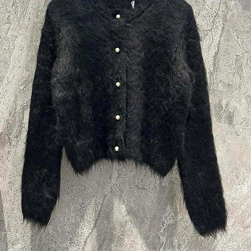 

Fashion Pearl Buckle Vintage Black Wool Blend Knit Cardigan 2023Runway Autumn O-neck Single Breasted Jacket Women Trendy Outwear