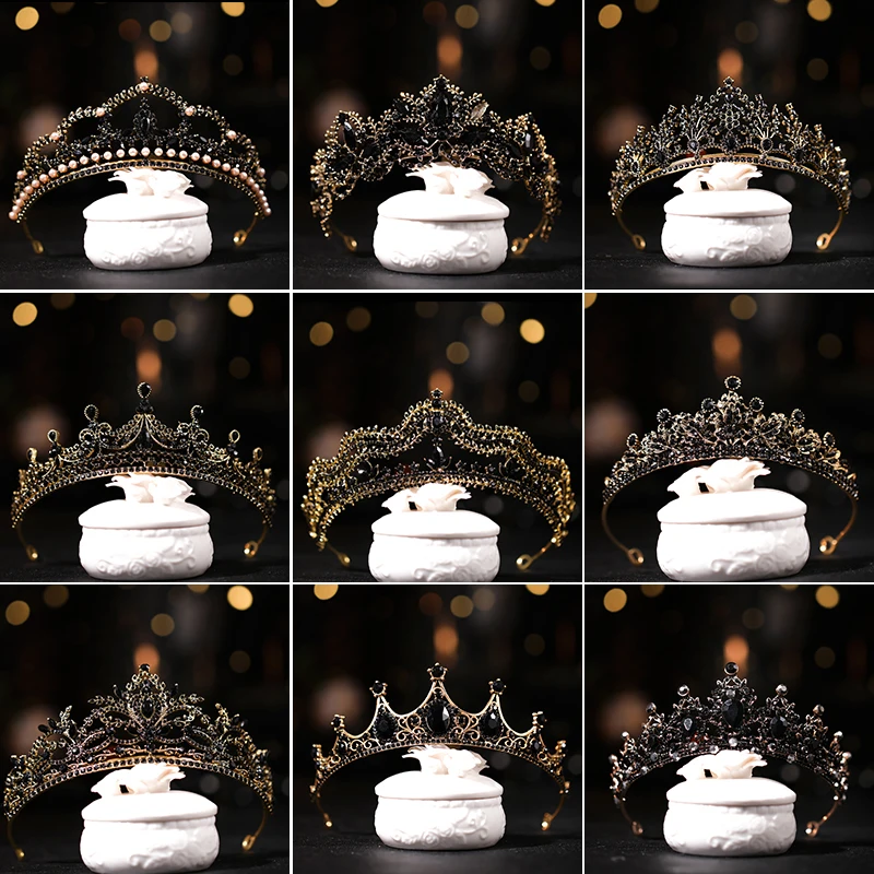 Baroque Retro Black Luxury Bridal Crystal Tiaras Crowns Princess Queen Pageant Prom Rhinestone Veil Tiara Wedding Hair Accessory
