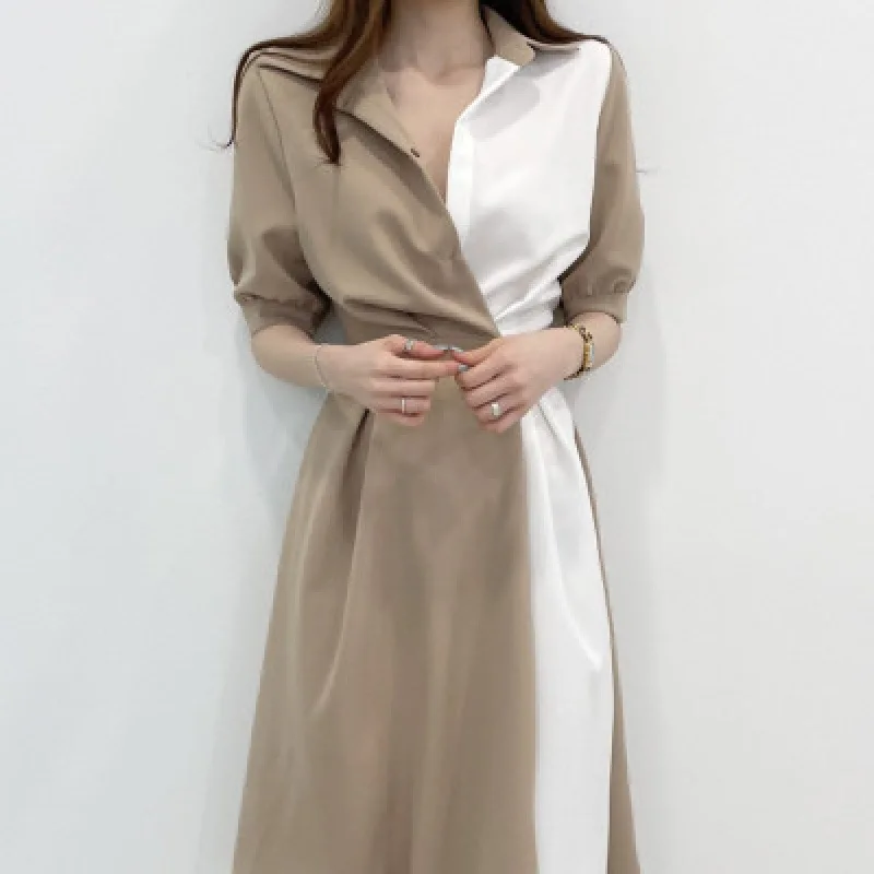 

2023 new dress women's summer French minority lapel design contrast color patchwork slim short sleeve dress