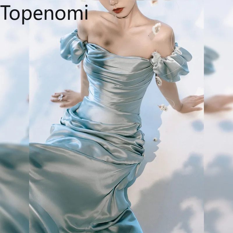 

Topenomi Blue Strapless Bridal Evening Dress Summer Luxury Boat Neck Folds Waist Slim Split Party Gown Sexy Quinceanera Dresses