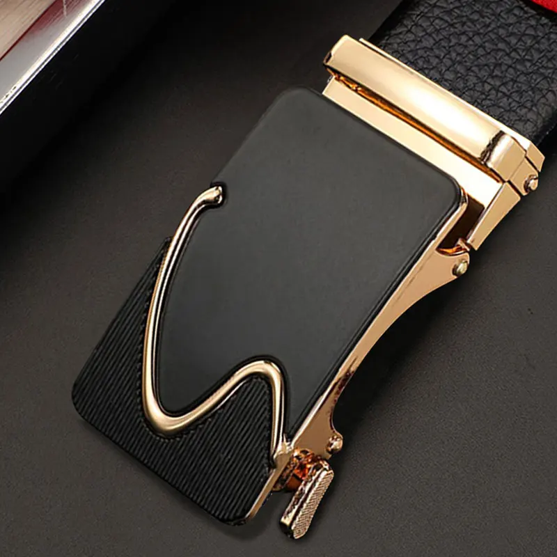 Automatic Buckle Swoosh Design Genuine Leather Men's Belt 2