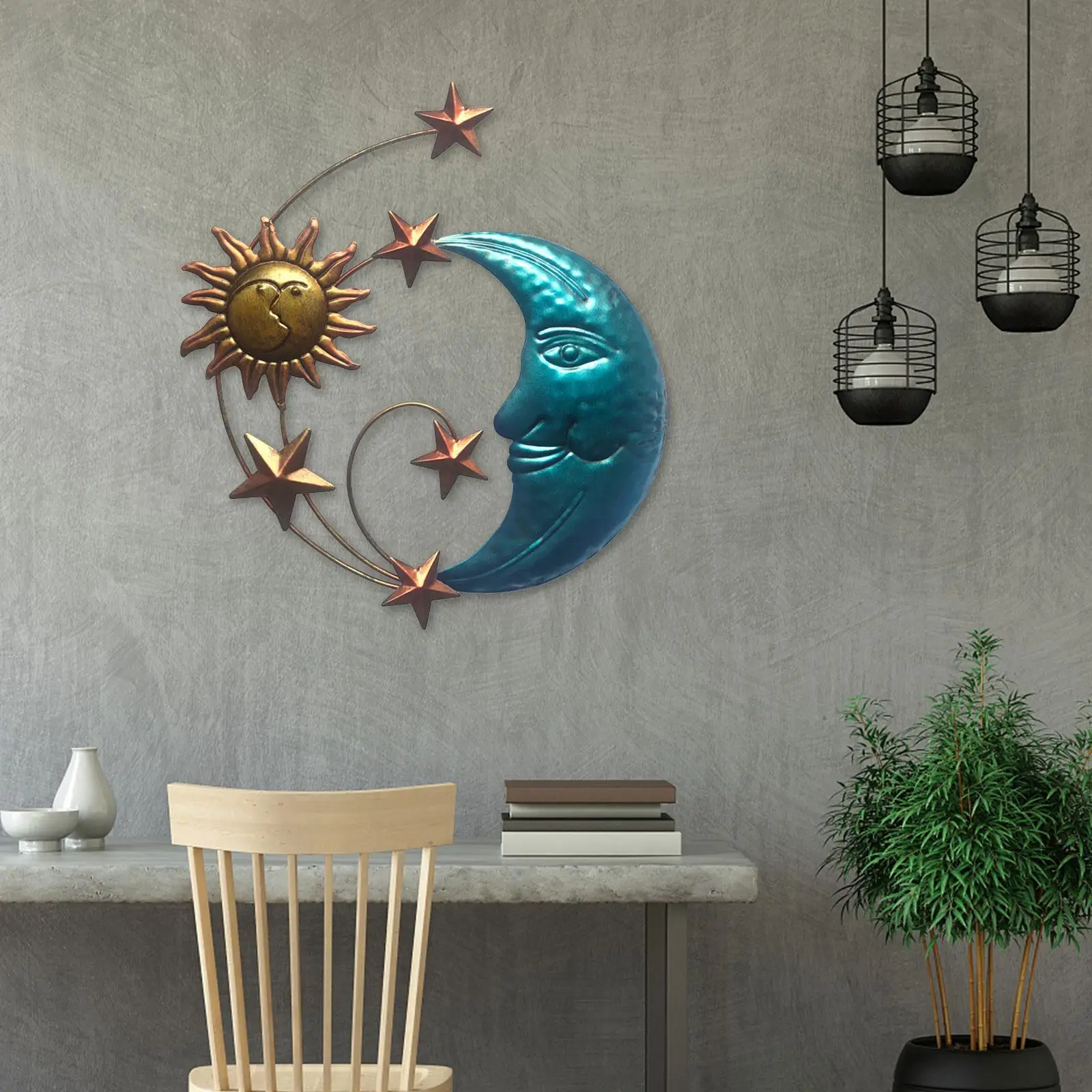 Sun Moon Star Face Wall Hanging Sculpture Sun Face Metal Wall Art Decor Indoor Outdoor Wall Decor Metal Hanging Wall Patio Decor