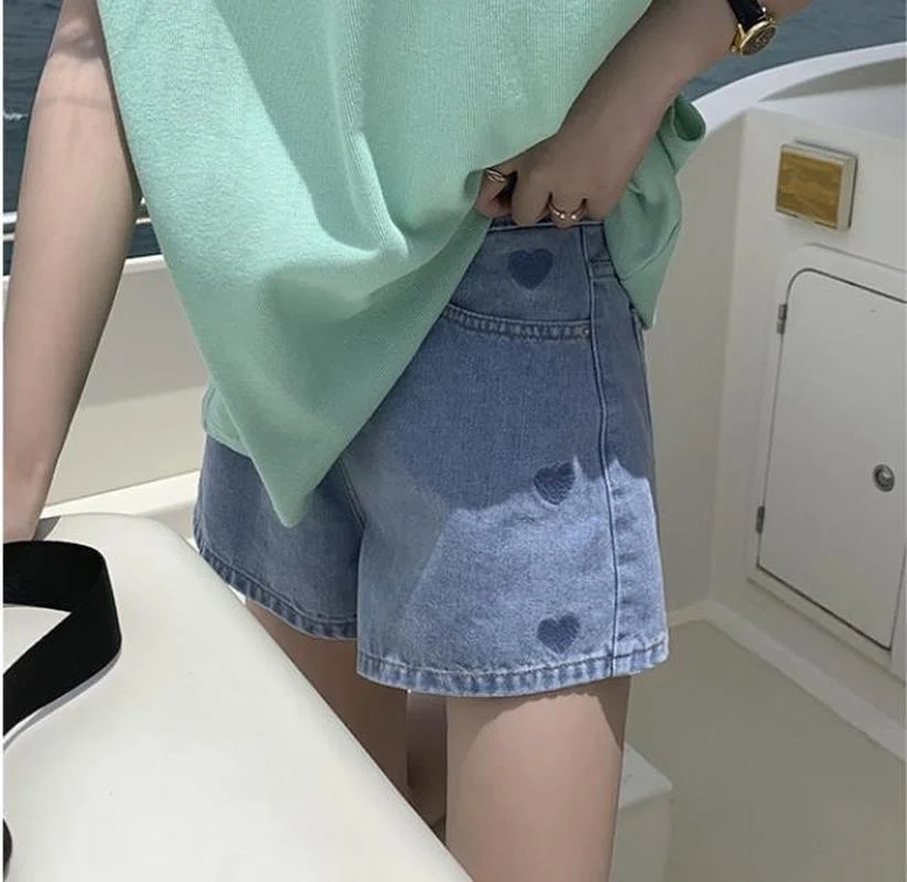 Sweet Love Pattern Embroidery Denim Shorts Female Summer High Waist Wide Leg A-line Mini Shorts Short Jeans Harajuku Cyber Y2k