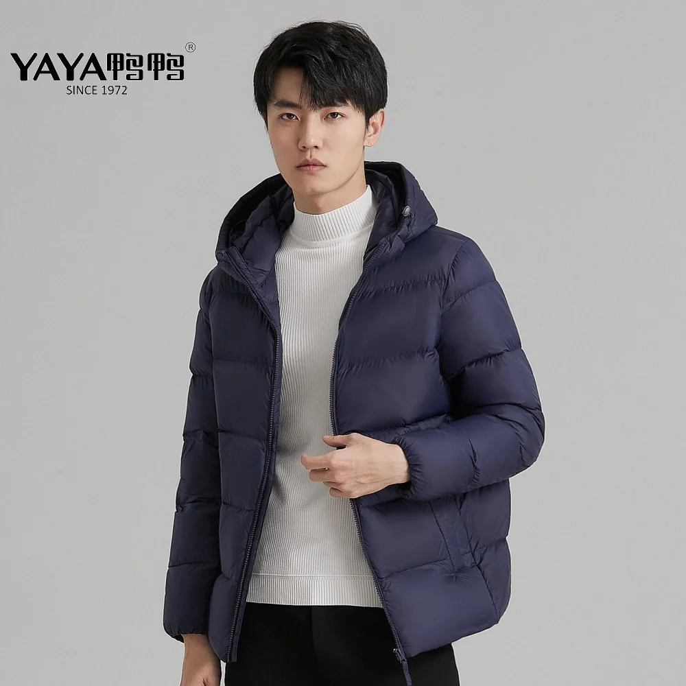 

YAYA 2023 Men's White Duck Down Jacket Hooded European Style Winter Waterproof Light Soft Business Casual Warm Outwear