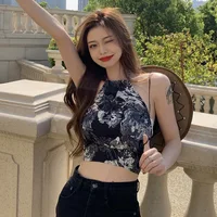 Camisole Summer Women's Retro Print Halte Bandage Slim Sexy Exposure Navel  Tank Tops