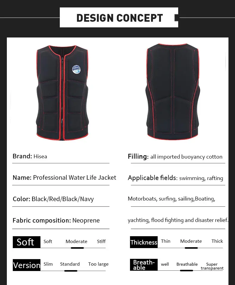 HISEA life jacket outdoor drifting swimming snorkeling suit adjustable safety life vest water sports fishing water skiing vest