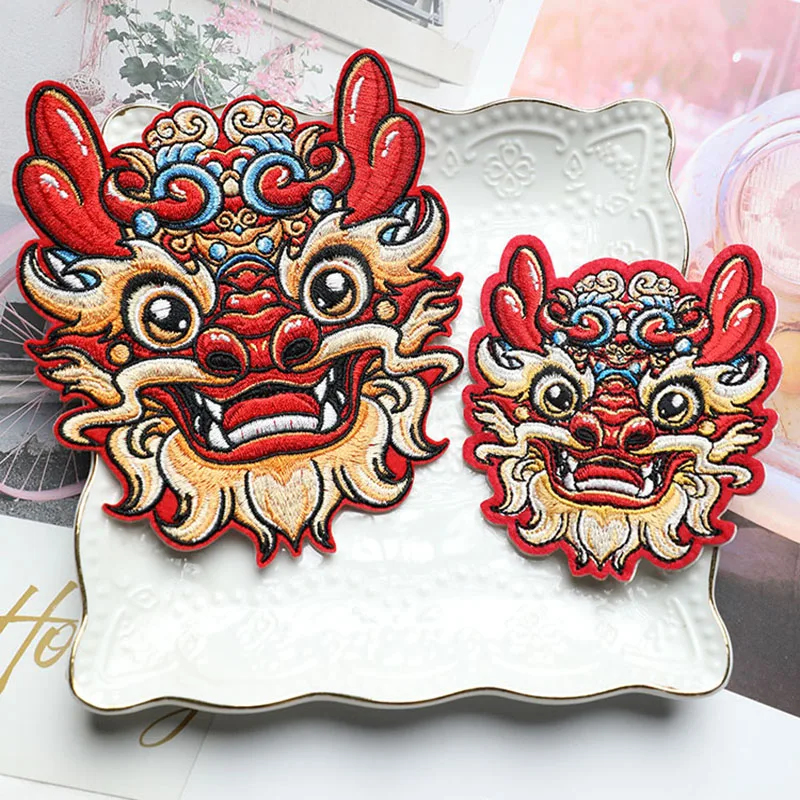 Chinese Lion Head Water-Soluble Embroidery Patch - DIY Sewing Applique For Clothing, Bags, Hats (Multicolor)