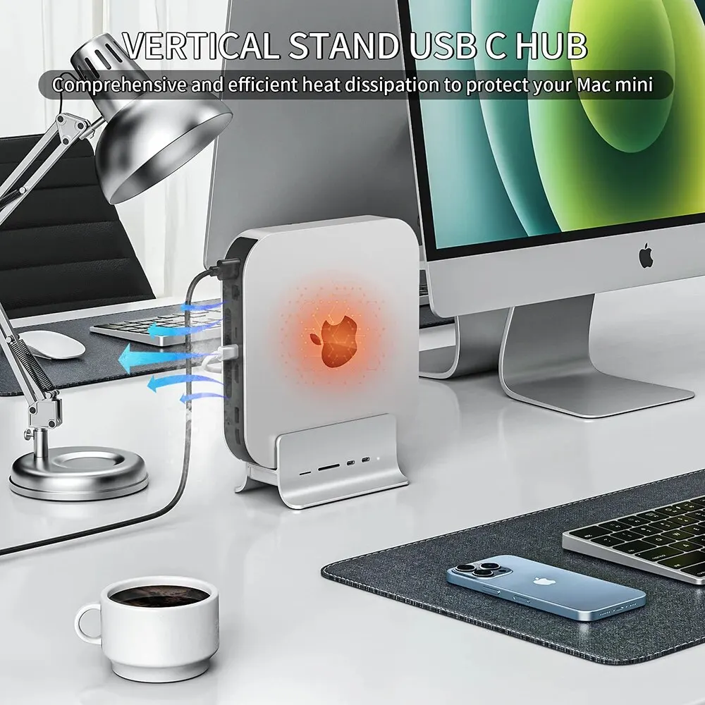Minisopuru Mac Mini Dock은 Mac Mini 허브 스탠드용 USB C 10Gbps 데이터 TF/SD Mac Mini 액세서리 2개로 M.2 NVMe/SATA SSD를 지원합니다.