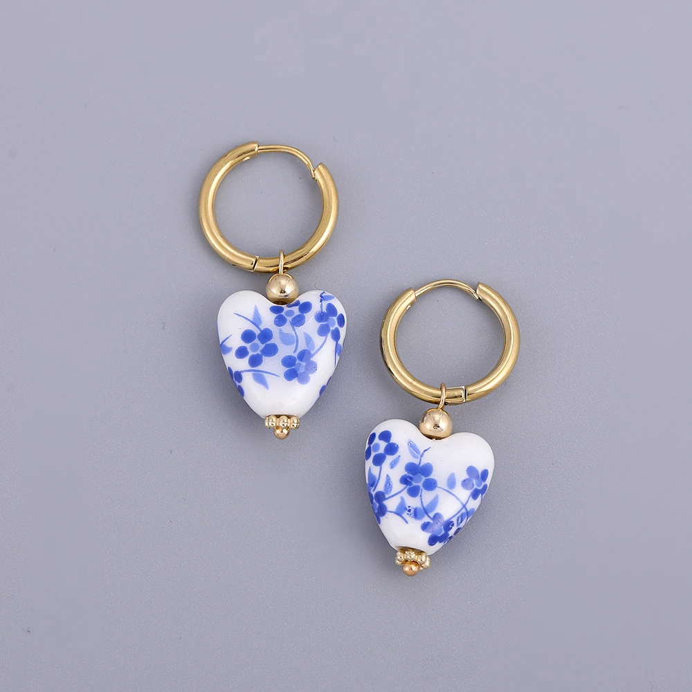 Handmade Geometric Heart Porcelain Earring Lady's Vintage Stainless Steel Hoops Ceramic Dangle Earrings Brincos for Women