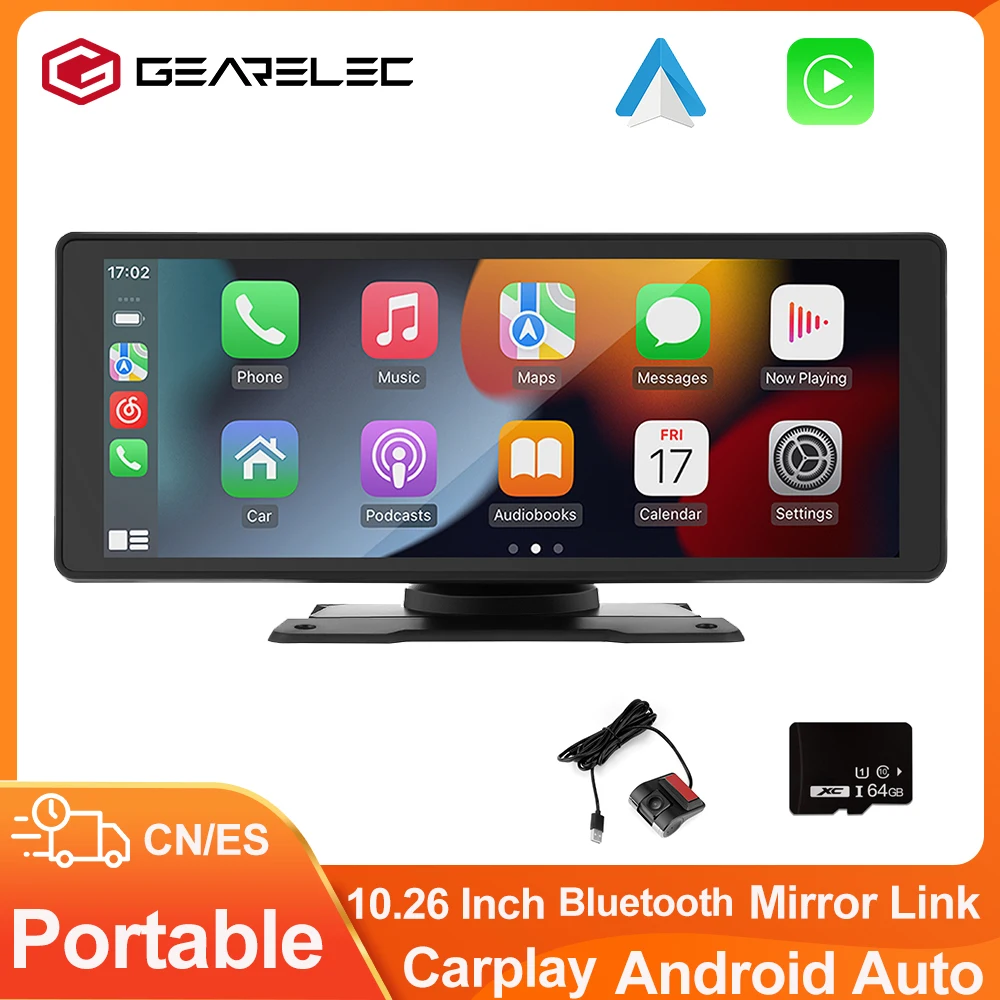 

GEARELEC 10.2 Inch Car Mirror Video Recording Carplay & Android Auto Wireless Connection GPS Navigation Dashboard DVR AI Voice