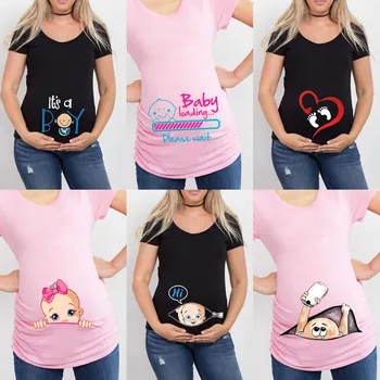 Summer Funny Cartoon Print Maternity Pink Clothing Short Sleeve Pregnant T-Shirt Tops Women Hot Sale T-Shirts