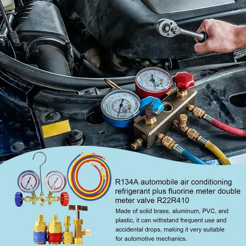 

AC Diagnostic Tool 3 Way AC Manifold Gauge Set With Hoses Couplers And Adapter Refrigerant AC Gauges With Hose Hook For Cars