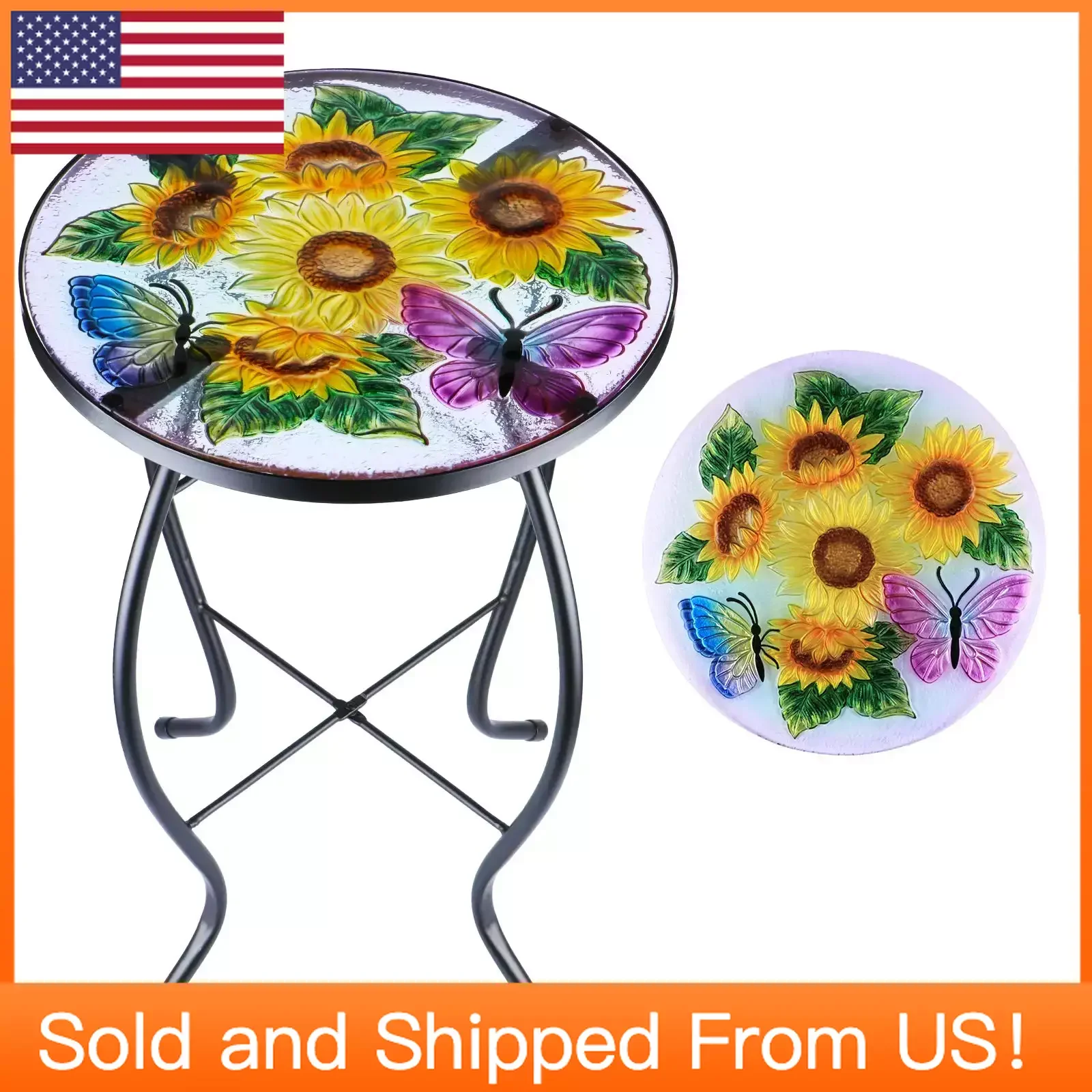 

Patio Table Mosaic Coffee Side Tables Glass Accent Table 14’’Round Small Table Plant Stand (Sunflower)