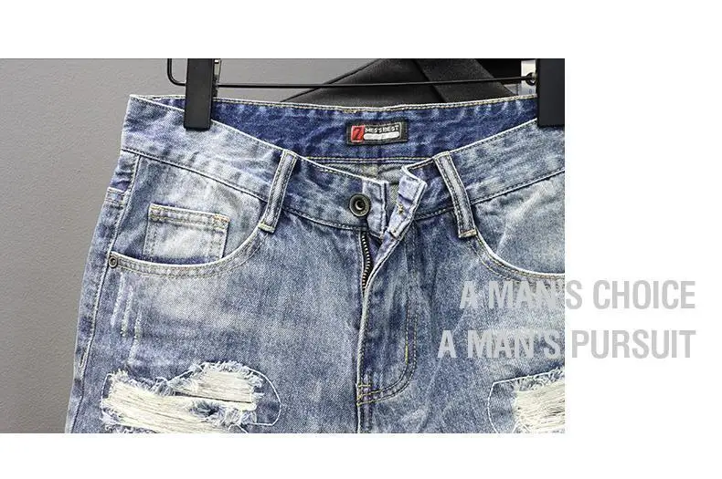 Denim Shorts 2025 Men's Summer Thin Ripped Patch Beggar Pants Cat Whisker Needle Sewing Slim Small Feet Short Jean Medium Pants