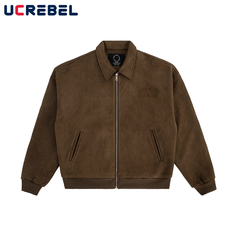 

Simple Solid Color Suede Jacket Mens Autumn Casual Streetwear Embroidery Long Sleeve Outerwear Men