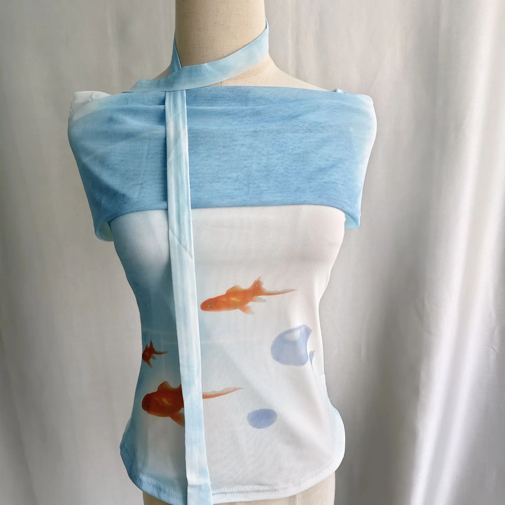 Kimotimo Goldfish Printing Mesh Y2k T-shirt Women Harajuku Slash Neck Slim Fit Crop Top Summer Short Sleeve Street Gothic Tees 2