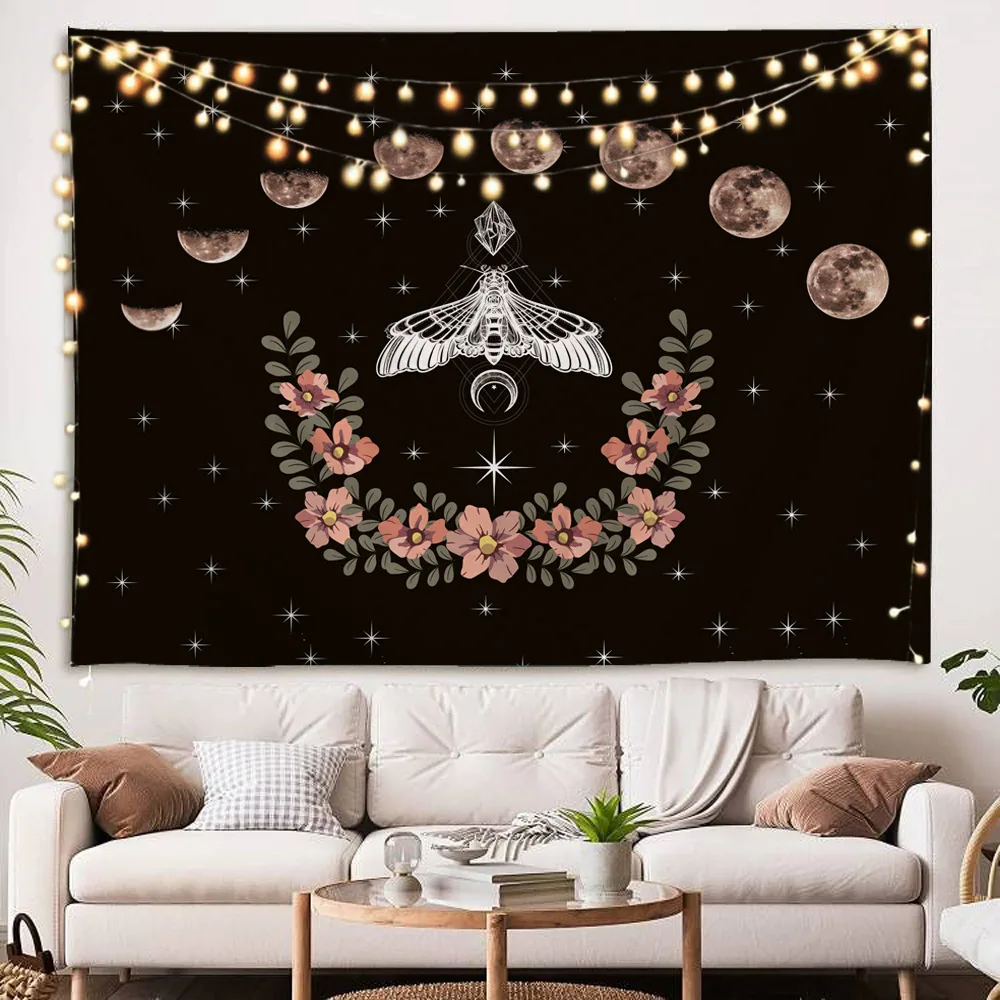 

Butterfly Moon Flower Tapestry Boho Floral Plant Tapestries for Bedroom Aesthetic Tapastry's Wall Hanging Mandala Botanical Wall