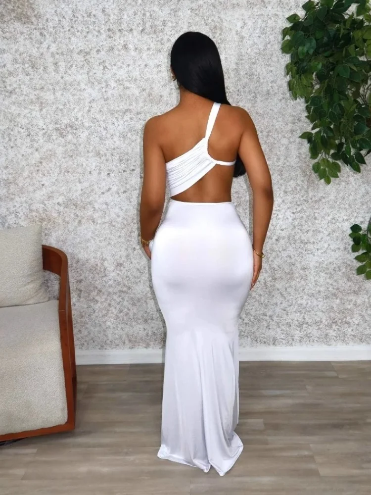 Wmstar Dresses for Women Wholesale Party Sexy Mesh See Through Solid Color Long Dress One Shoulder Pleated Dress Drop Shopping