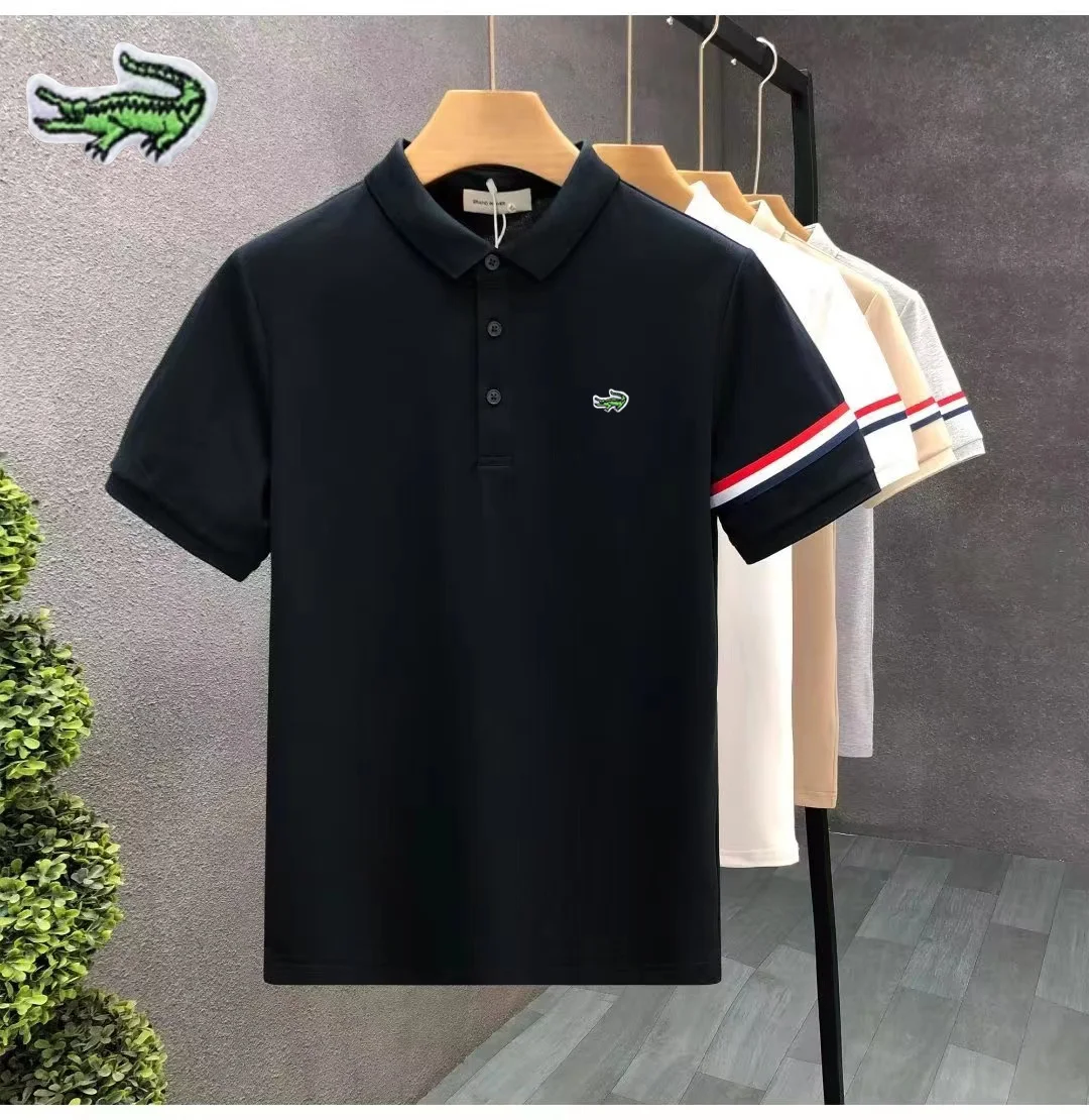 

23ss CARTELO Men's Pure Cotton Embroidered High Neck Polo Shirt Summer Business Casual Fashion Stripe Edge Short Sleeve