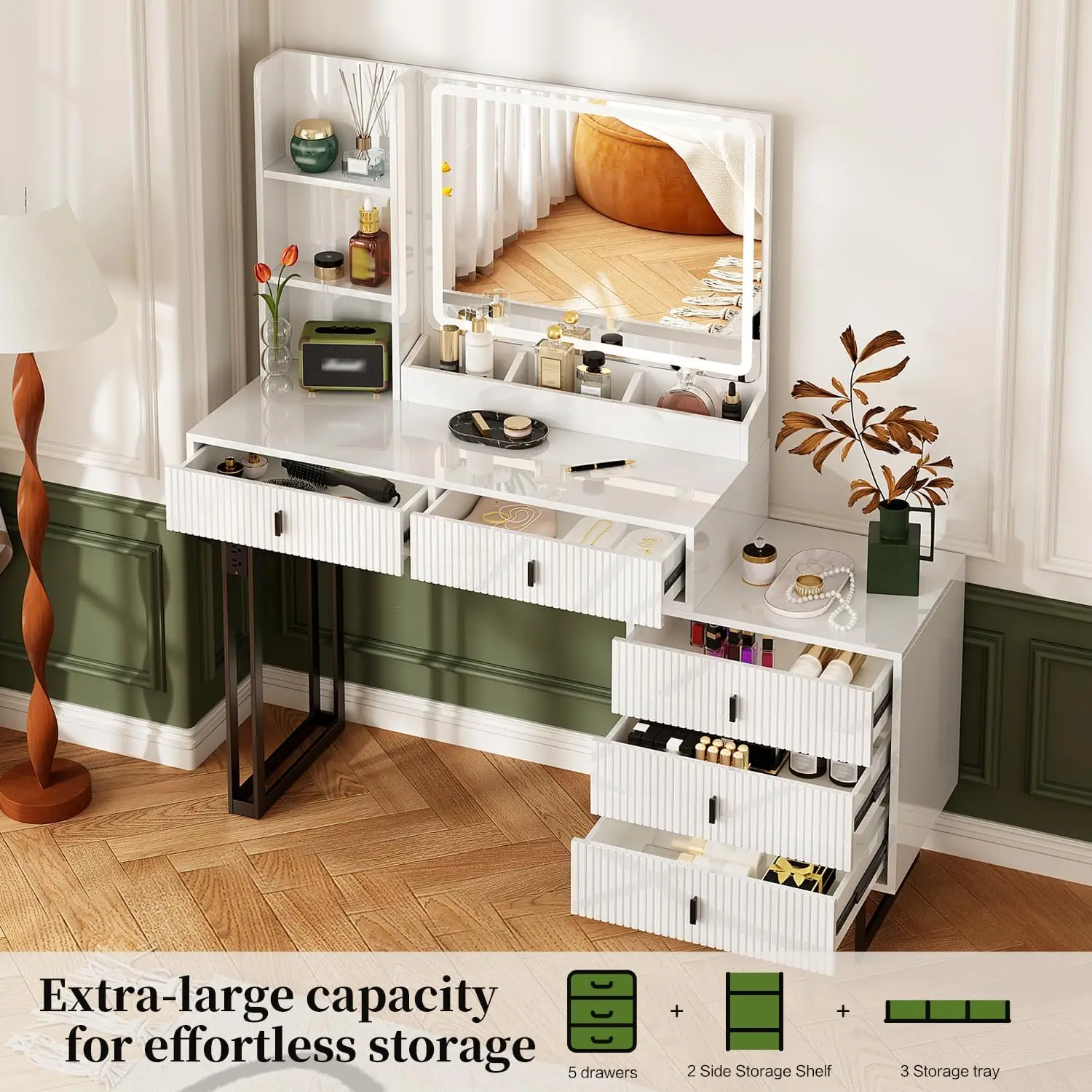 Large Vanity Desk with 3 Color Touch Screen Dimming Mirror, Vanity Desk with Charging Station, Modern Retractable Makeup Dressin