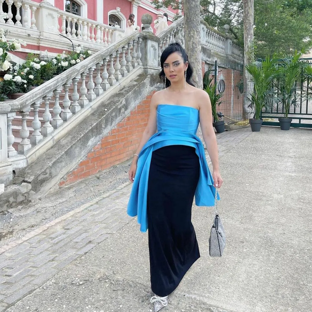 

Long Black&Blue Crepe Evening Dresses With Peplum Sheath Satin Strapless Pleated فساتين سهرة Prom Formal Dress for Women