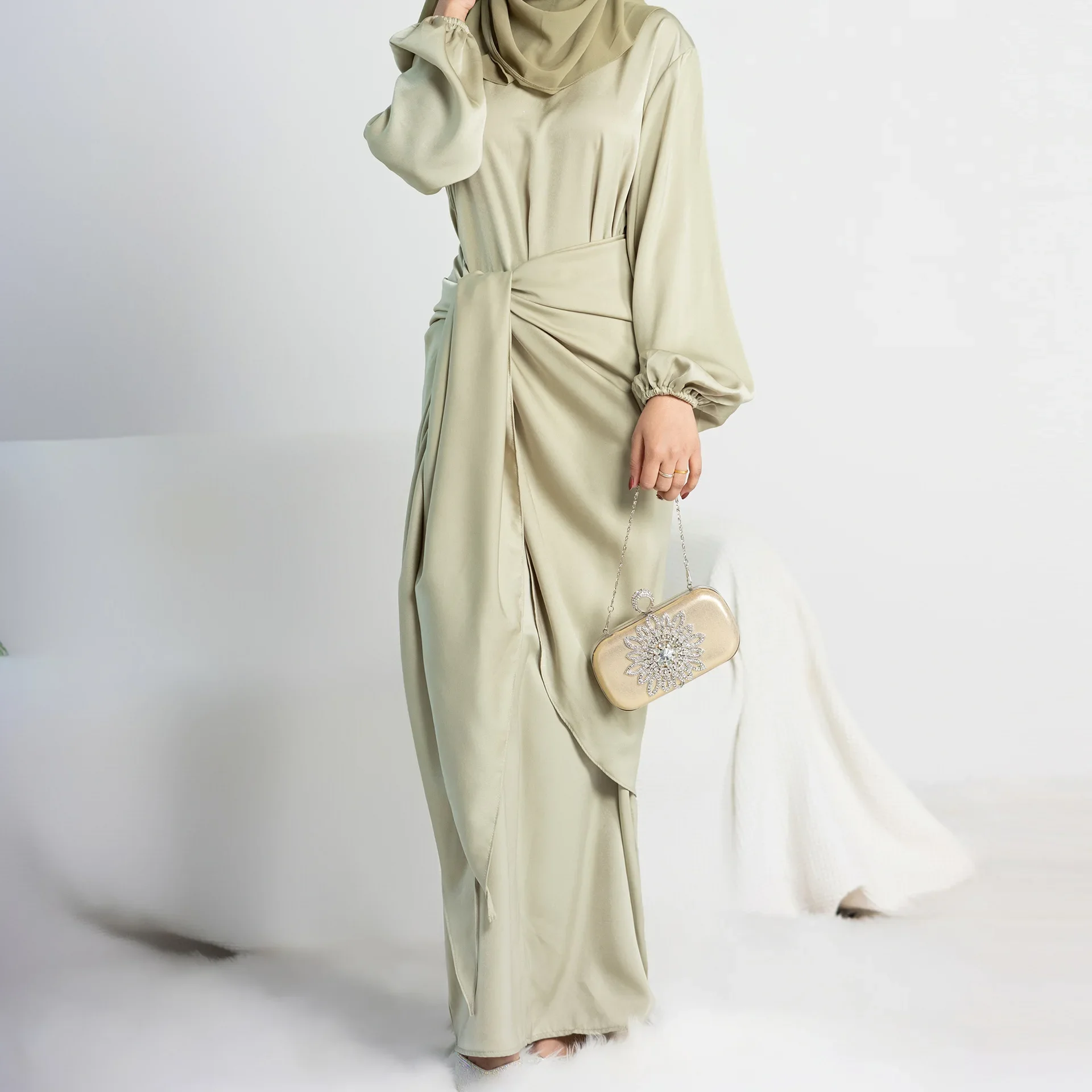Satin Muslim Dress Women Abaya 2 Piece Set Morocco Party Kaftan Long Robe with Wrap Skirt Islamic Dubai Turkish Modest Outfit