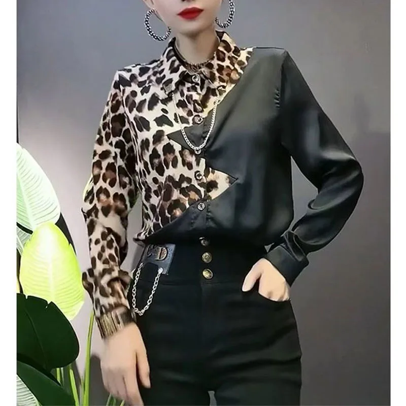 2024 Women's New Spring Autumn Polo-Neck Button Long Sleeve Fashion Slim Versatile Leopard Print Patchwork Commuter Shirt Tops