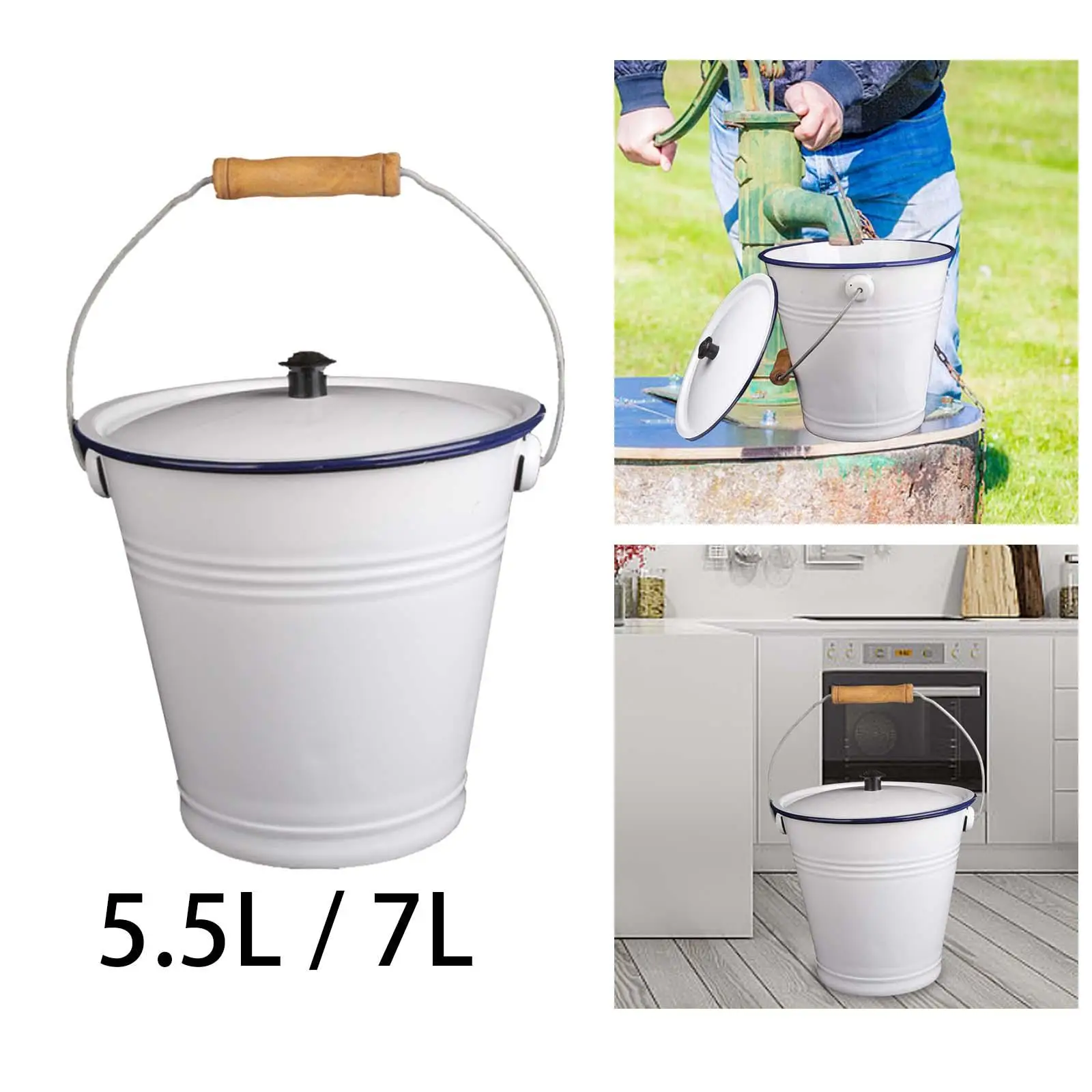 Enamel Bucket with Wood Handle Multiuse with Lid Pails for Garden Party Favors