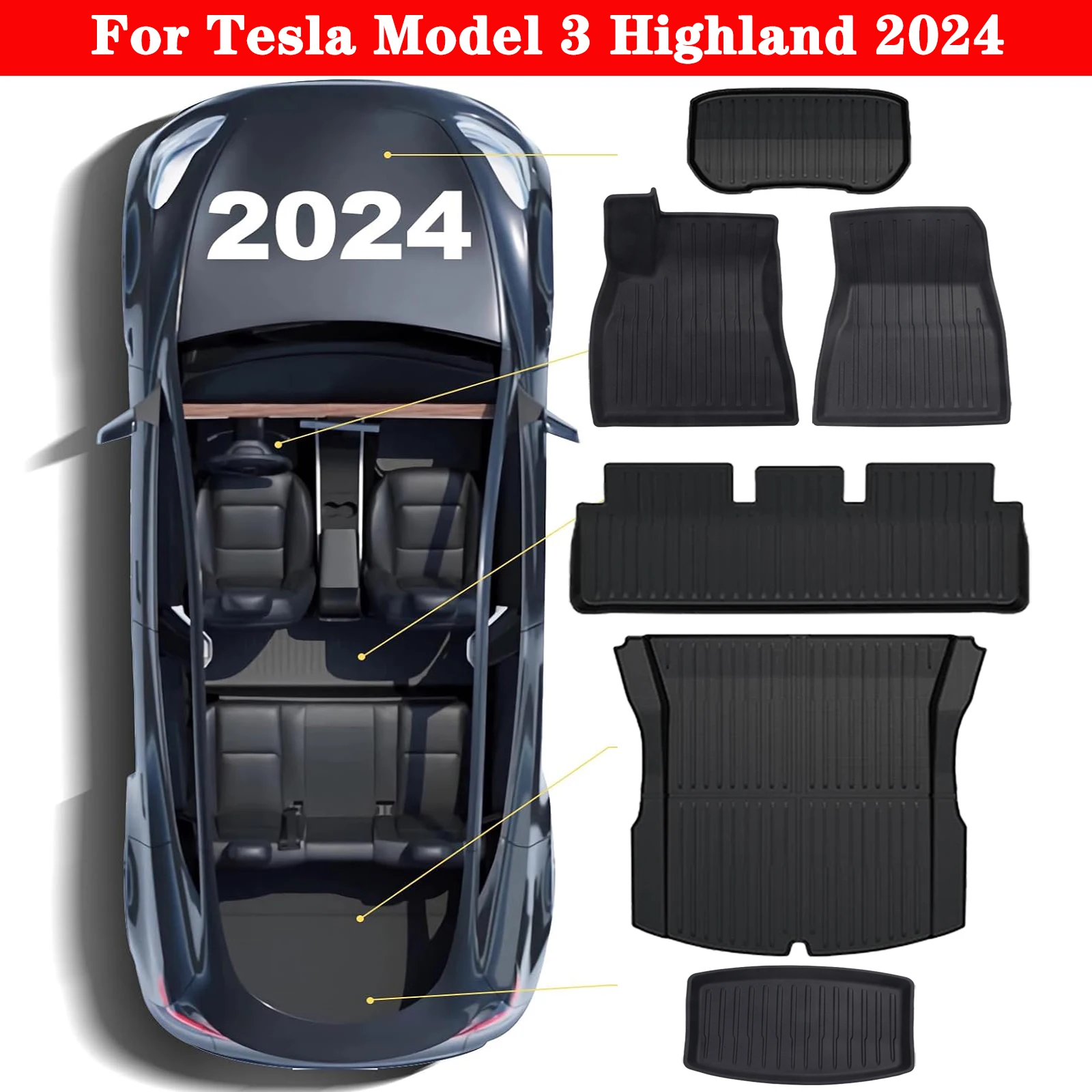TPE Floor Mats & Cargo Liner For Tesla Model 3 Highland , All Weather Waterproof Anti-slip Trunk Mats TPE Floor Liners