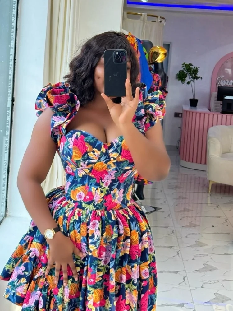 Wmstar Dresses for Women Wholesale 2025 Women's Fashion V Neck Printed High Waist Flowered Sleeve Irregular Dress Drop Shopping