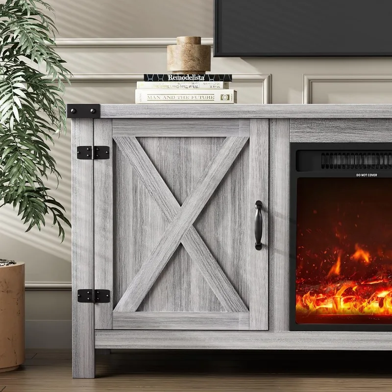 Fireplace TV Stand with Two Barn Doors and Storage Cabinets for Televisions 58 Inch, 4