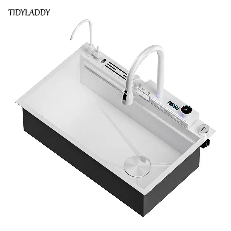 White Stainless Steel Waterfall Kitchen Sink Above Counter or Under Sink Simple Style Large Single Slot Kitchen Accessories