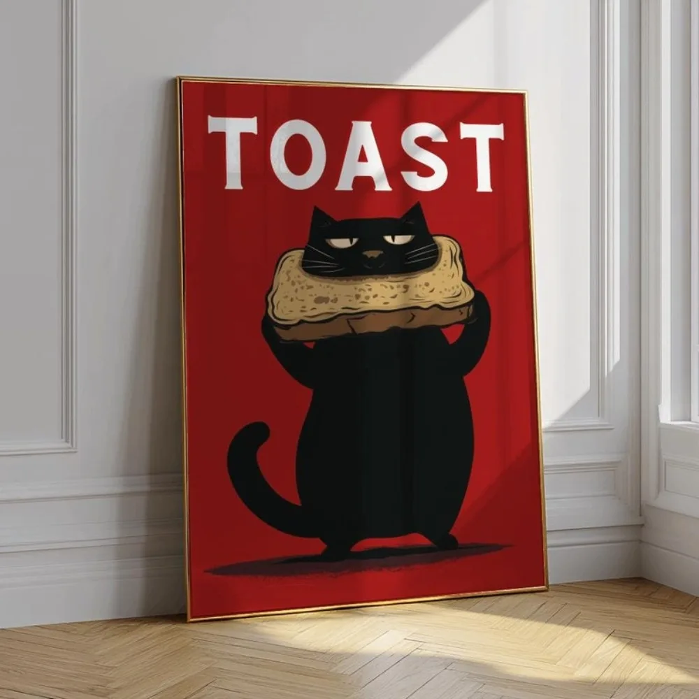 Charming Black Cat Digital Wall Art Print - Playful Kitten Illustration Canvas Poster