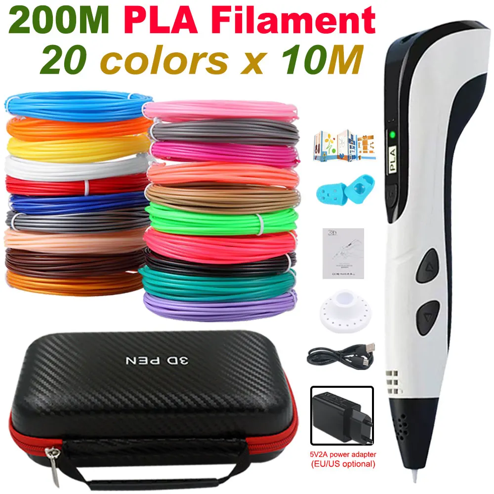 전원 어댑터가 있는 3D 펜, 20/30 컬러 PLA 필라멘트, 3D 프린팅 펜, 3D 크리에이티브 장난감, 휴대용 케이스가 있는 DIY 선물 