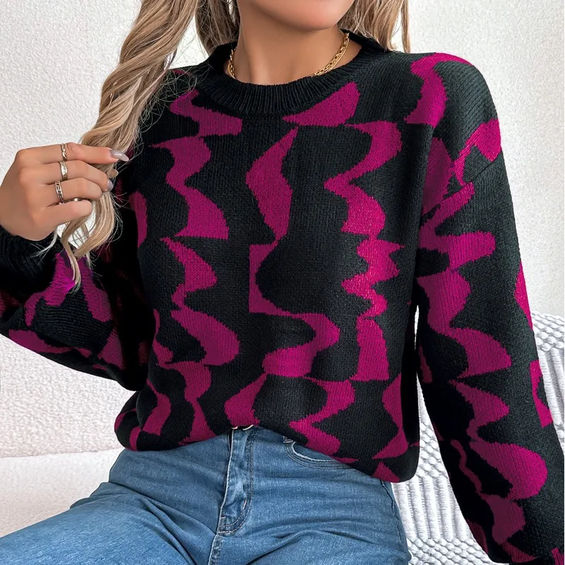 

Autumn and Winter Women's Pullover Round Neck Printing Screw Thread Loose Bottom Shirt Fashion Casual Elegant Long Sleeve Tops