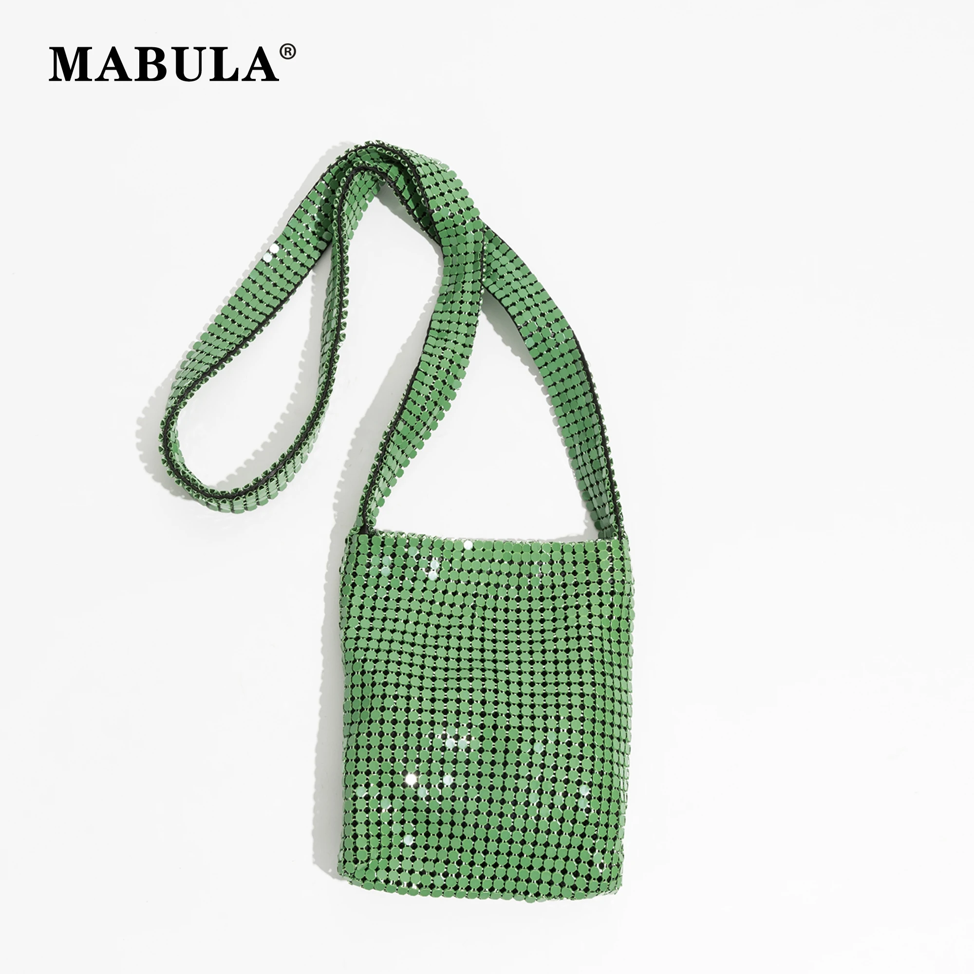 

MABULA Mini Punk Metal Mesh Crossbody Phone Purse for Women Vintage Sequin Mini Evening Shoulder Bag Sling Summer Beach Pouch