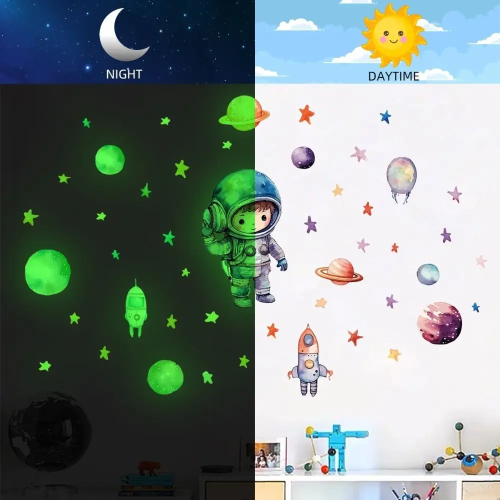 1PC 3D Cartoon Luminous Wall Stickers Glow In The Dark Astronaut Dark Wall Stickers Planet Decals Kids Room Decor Luminous Wall Stickers 3D Wall Stickers