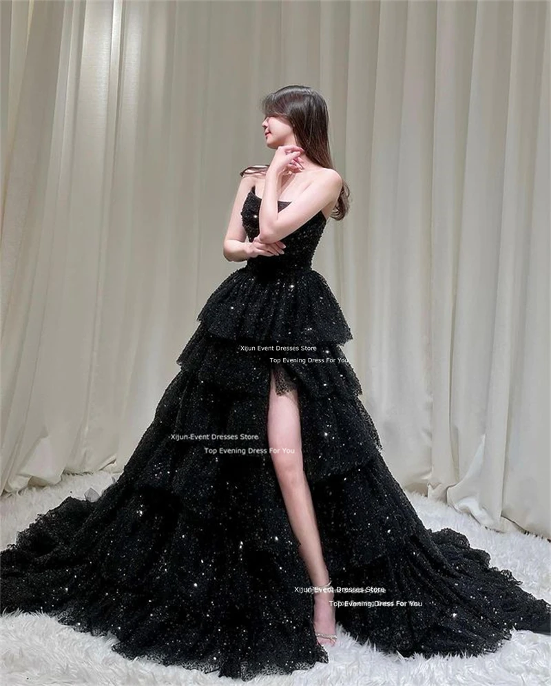 Xijun Glitter Black Long Evening Dresses Tiered Sleeveless Korean Wedding Dresses Photo Shoot Formal Prom Dresses Customized